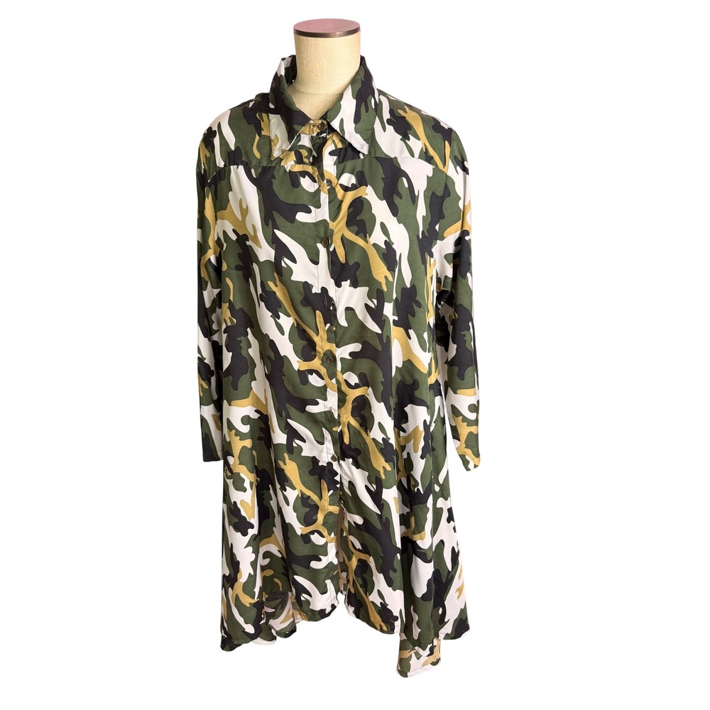 Step In Style Camo Shirt Dress One Size Green Camouflage Button Front Tunic